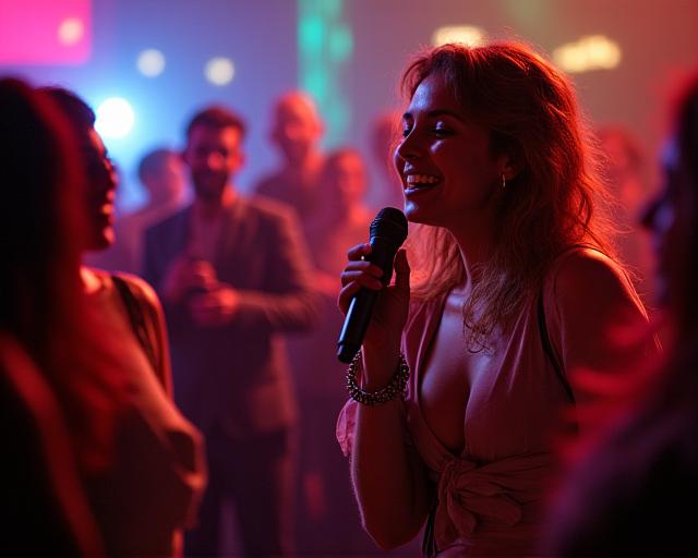 La vocalista interactuando con el público en una fiesta privada.
