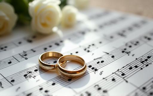 Anillos de boda sobre una partitura musical.